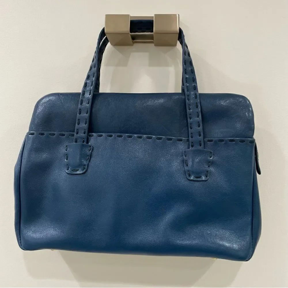 Vintage Ganson Navy Leather Short Handle Tote W/Stitching Detail Bag